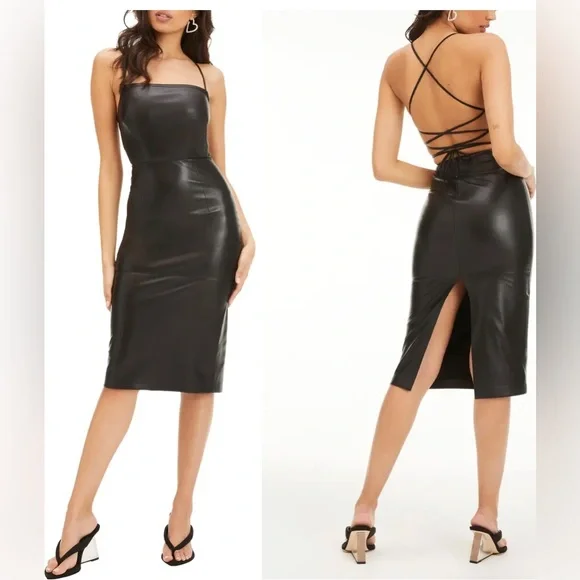 chinese dress ladies GOOD AMERICAN Faux Leather Scoop Cami Dress In Black
